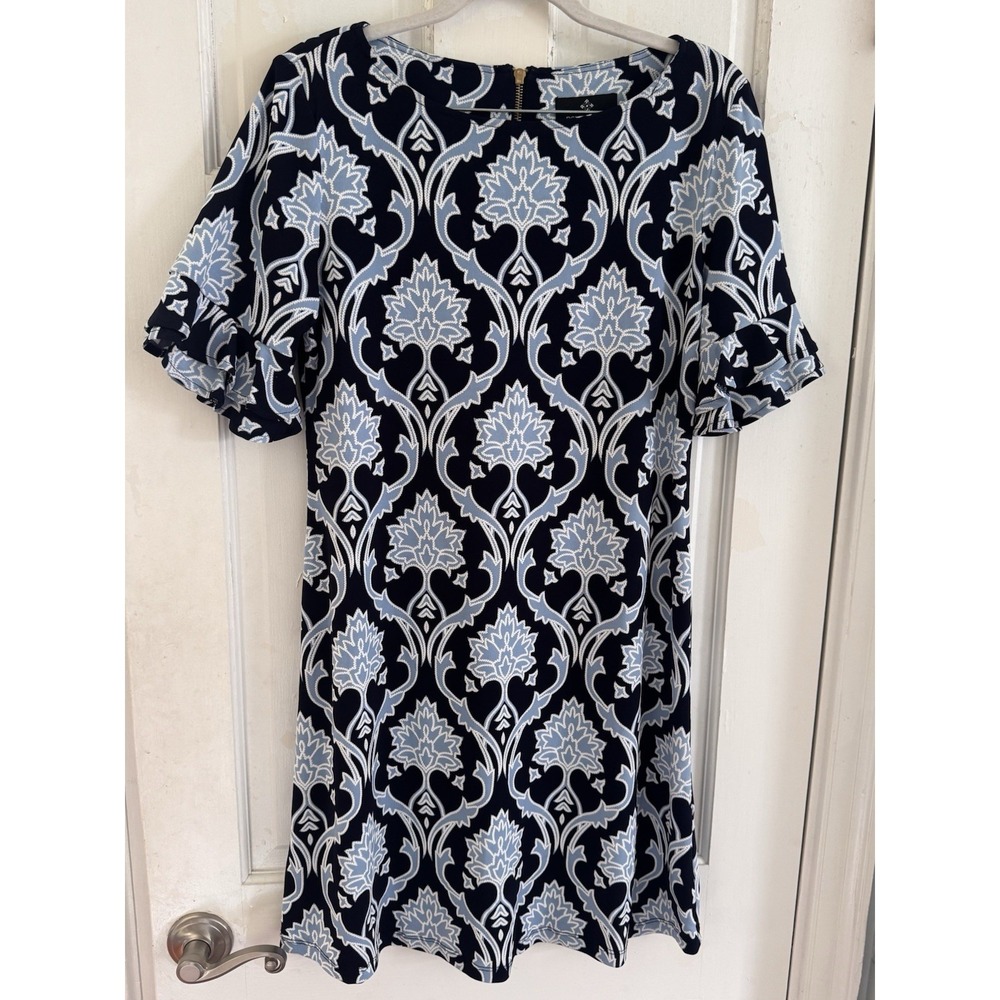 Ronni Nicole 8P Textured Navy Damask Dress Ruffle Sleeve Stretch Petite